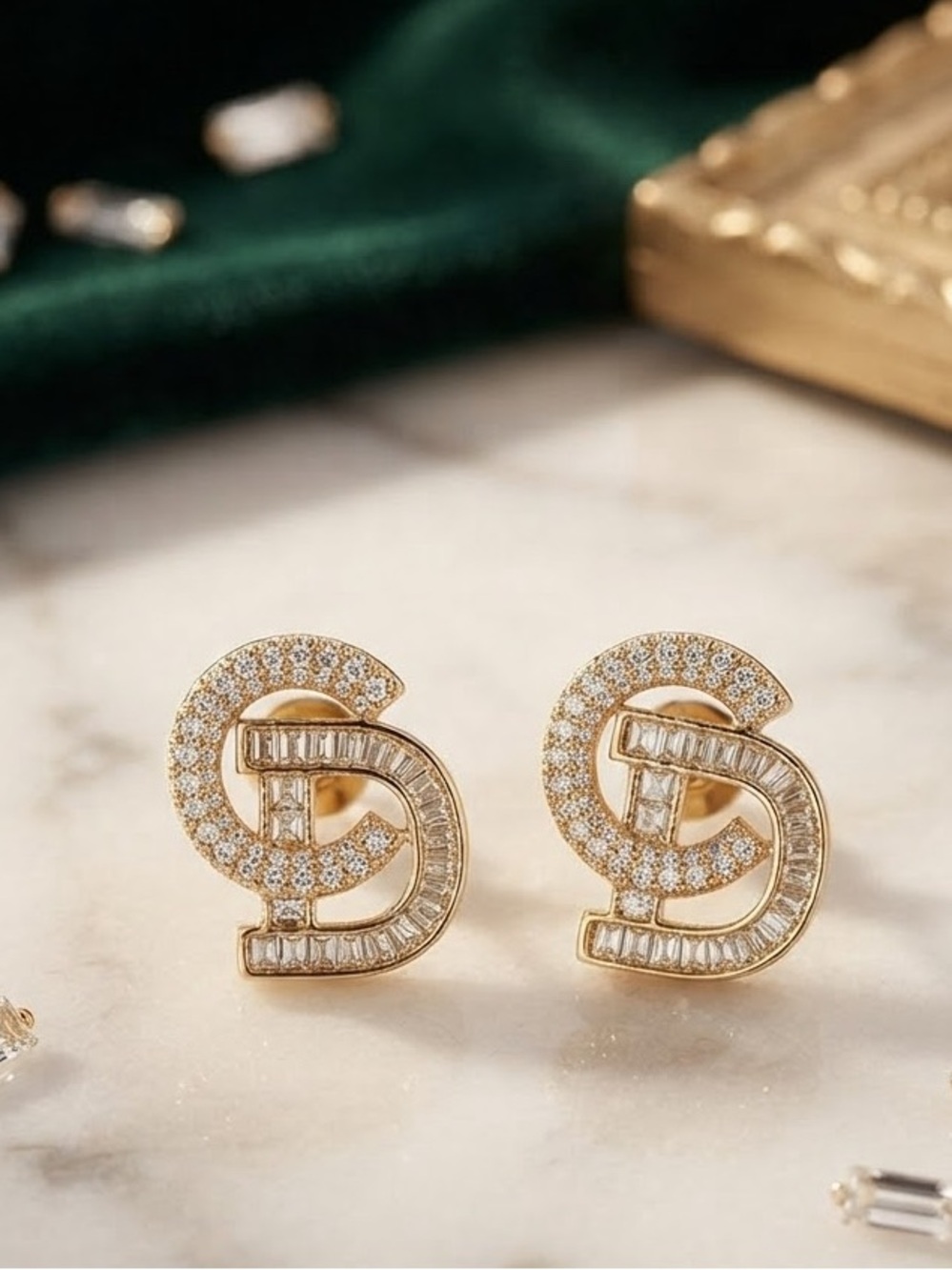Gold Faux Crystal Interlock Lettered Stud Earrings